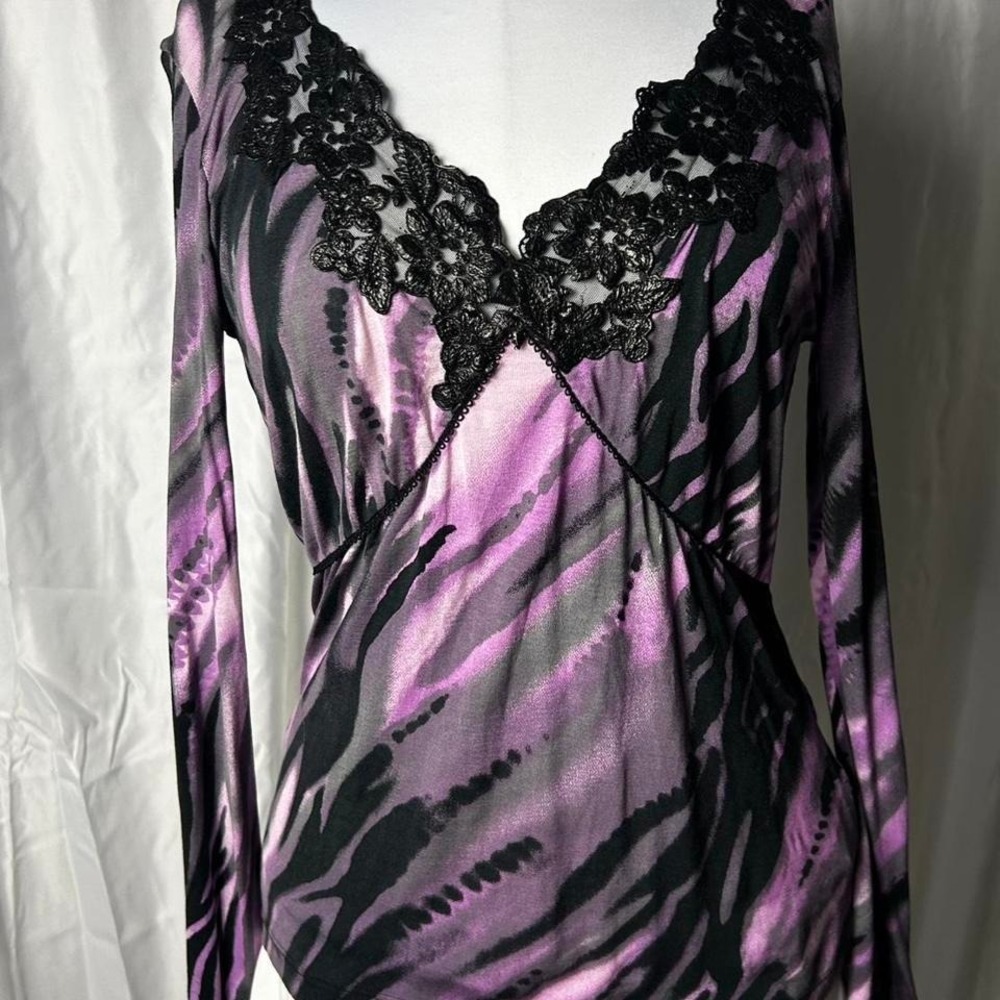 Euro y2k Angelo Marani Italy Purple Abstract Print Lace V Neck Top Womens IT 44